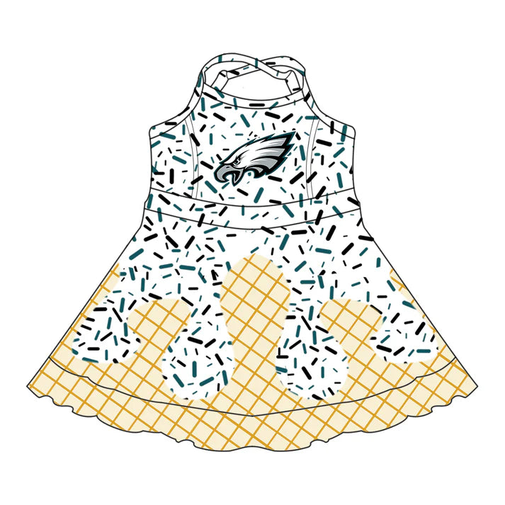 7.8  Custom Moq 3 Baby Girls Straps EAGLES Plaid Short Ruffle Team Knee Length Dresses