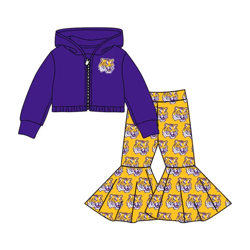 8.1 Custom Moq 5 Baby Girls LSU Tiger Team Hooded Shirts Top Bell Pants Clothes Sets