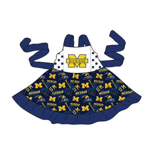 4.25 Preorder(moq 3) Baby Girls Twirl Michigan Belt Team Knee Length Dresses