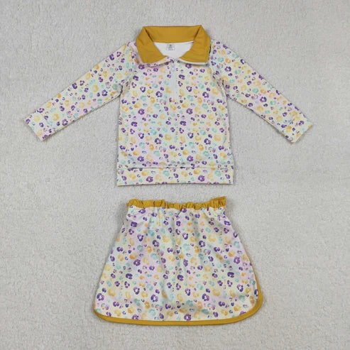 12.8 GLD1365 Baby Girls Mardigras Leopard Zipper Pullovers Skirt Shorts Yoga Clothes Set