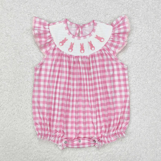 SR2215 Baby Infant Girls Easter Rabbits Checkered Smocked Romper