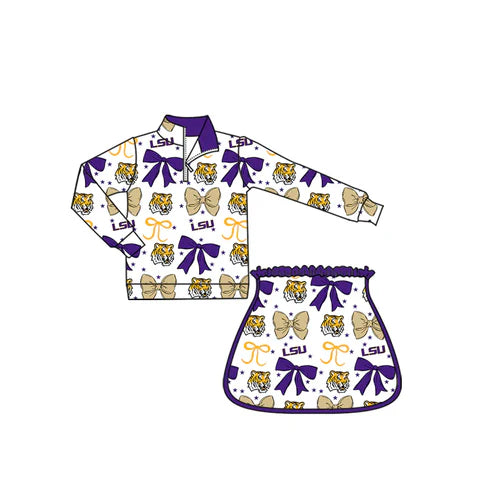 9.8 Custom Moq 5 Baby Girls LSU Purple Bows Team Zip Pullovers Skort Team Clothes Sets