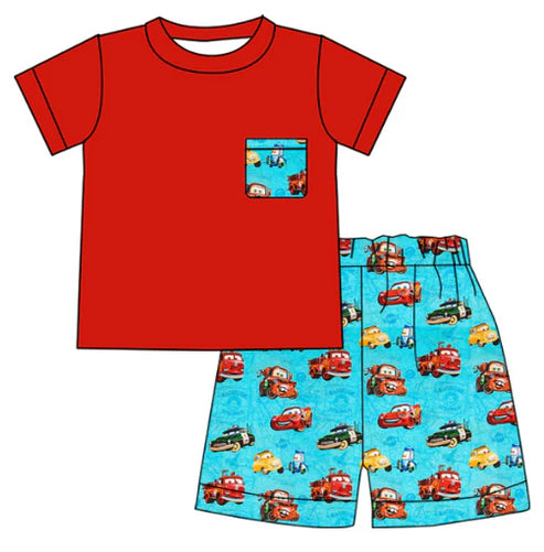5.7 Girls cartoon car red short sleeve top blue shorts suit