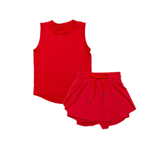 4.10  GSSO2499 Baby Girls Red Sleeveless Top Skorts Sets Preorder