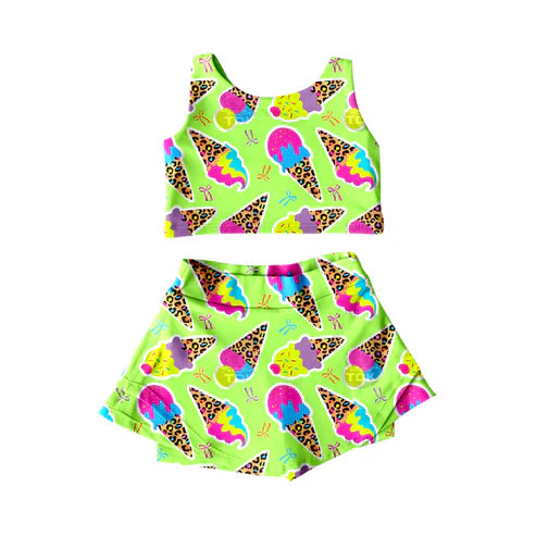 6.20GSD2520 Baby Girls Green Sleeveless Colorful Leopard Ice Cream Top Shorts Skirts Yoga Outfits Preorder