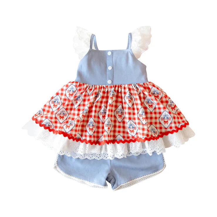 11.22 MOQ：5pcs GSSO2909 pre-order baby girl clothes flag print toddler girl 4th of July summer outfit