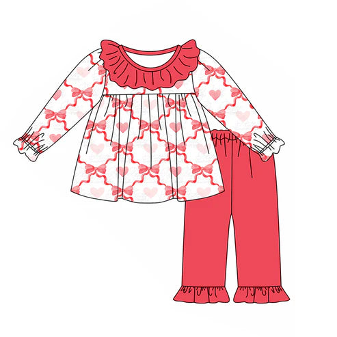 5.24 GLP1934 Baby Girls Valentines Hearts Bows Tunic Tops Ruffle Pants Clothes Sets Preorder