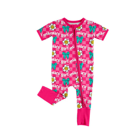 9.26 SR3227 Baby Girls Pink Checked Mamas Girl Flowers Bows Zipper Footie Rompers Preorder