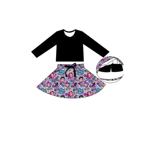 10.31  GLD1425 Baby Girls Black Long Sleeve Top Cartoon Girls Pockets Skirt Shorts Clothes Sets Preorder