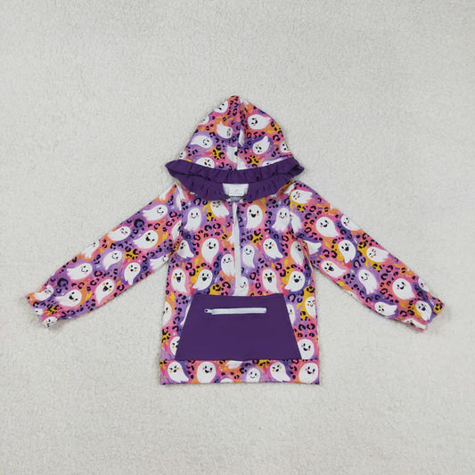 9.3 GT1155 Baby Girls Purple Leopard Ghost Pocket Zipper Halloween Hoodies Top