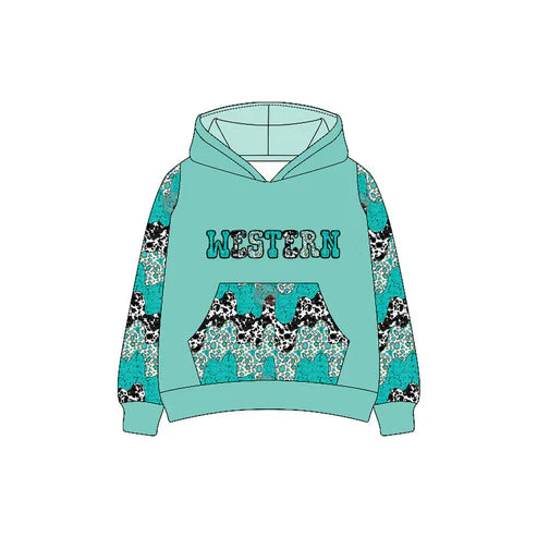 7.5 Custom Moq 3 Baby Boys Long Sleeves Green Western Cow Print Pocket Hoodies Top