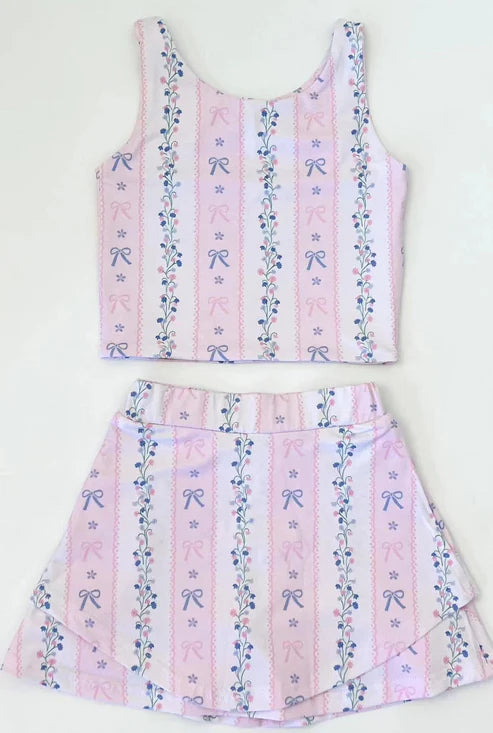 3.23 GSD2216 Baby Girls Pink Sleeveless Bows Floral Top Skort Yoga Set Preorder