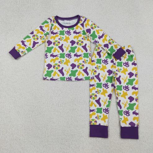10.7 BLP1273 Baby Boys Purple Yellow Green Camo Crayfishes Mardi Gras Pajamas Set