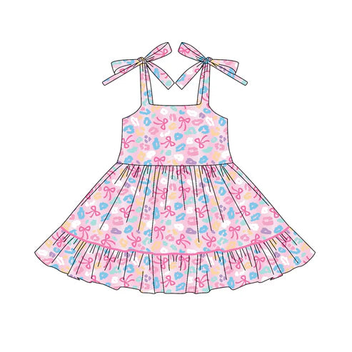 6.13 GSD2593 Baby Girls Pink Strap Bows Leopard Ruffle Knee Length Dresses Preorder