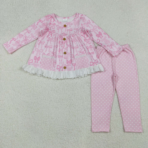 10.7 GLP2723 Baby Girls Pink Bows Plaid Button Pockets Tunic Polka Dots Legging Pant Set