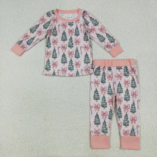 8.16 GLP2423 Baby Girls Pink Long Sleeves Bows Trees Top Pant Pajamas Set