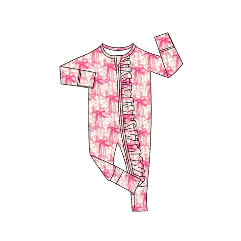 8.8 LR2519 Baby Girls Pink Bows Floral Plaid Ruffle Zipper Footie Rompers Preorder