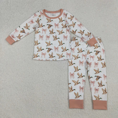 9.26 GLP2687 Baby Girls Ducks Bows Plaid Top Pants Pajamas Set