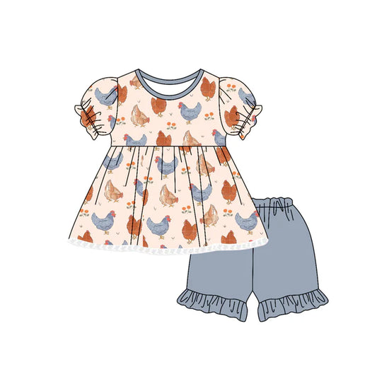 6.18 GSSO2625 Baby Girls Short Ruffle Sleeves Flowers Chicks Tunic Shorts Set Preorder