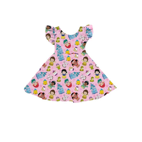 4.1 GSD2305 Baby Girls Pink Flutter Sleeves Cartoon Dolls Flowers Knee Length Dresses Preorder
