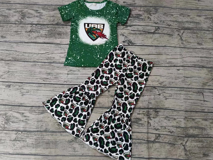 8.21  Custom MOQ 5 Baby Girls Green Team Short Sleeve Tee Shirt Bell Pants Clothes Sets