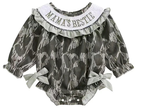 9.27 LR2727 Baby Girls Gray Camo Mamas Bestie Bows Western Ruffle Rompers Preorder