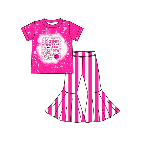 8.14 GSPO2062 Baby Girls Pink Pumpkins Ghost Top Stripe Bell Bottom Pant Set Preorder