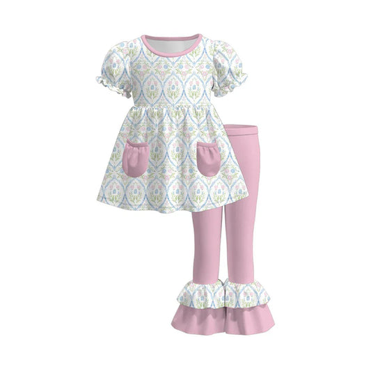 12.1 MOQ：5pcs GSPO2219 pre-order toddler girl clothes pink print girl spring set