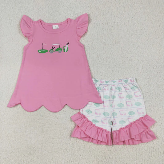 7.10 GSSO2660 Embroidery Baby Girls Pink Flutter Sleeves Golf Truck Tunic Ruffle Shorts Set