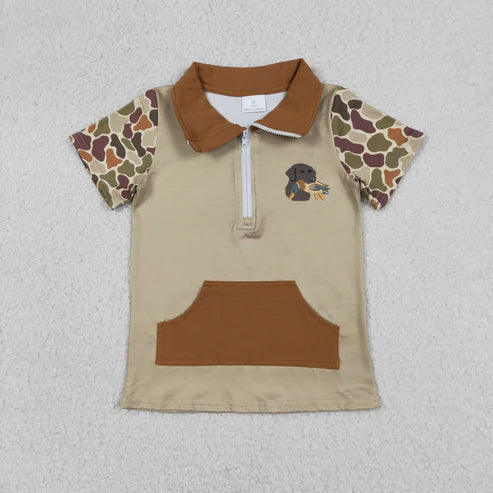 12.27 RTS NO MOQ（In Stock) Pocket Puppy and Duck Camouflage Brown-Green Zip-Up Short-Sleeve Top