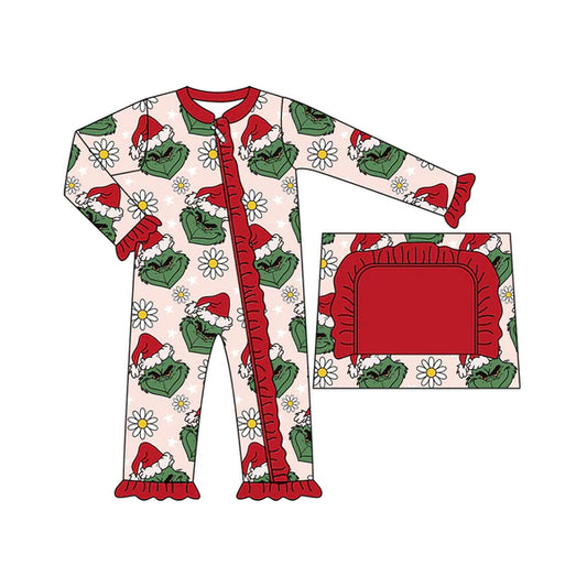 7.25 LR2489 Baby Girls Long Sleeves Christmas Green Face Flowers Ruffle Zipper Rompers Preorder