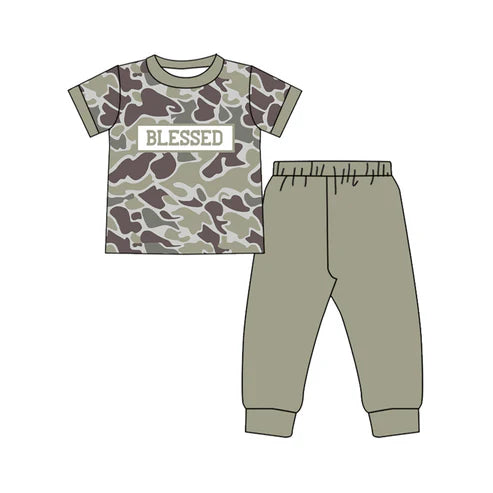 10.20 BSPO0606 Baby Boys Dark Grey Camo Blessed Top Pants Southern Clothes Sets Preorder
