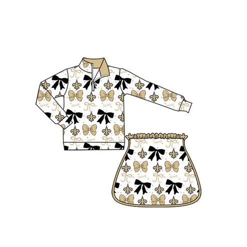 9.8 Custom Moq 5 Baby Girls Gold Saint Bows Team Zip Pullovers Skort Team Clothes Sets