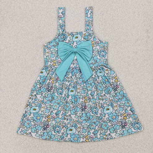 4.2  GSD2106 Baby Girls Blue Flowers Big Bow Knee Length Dress