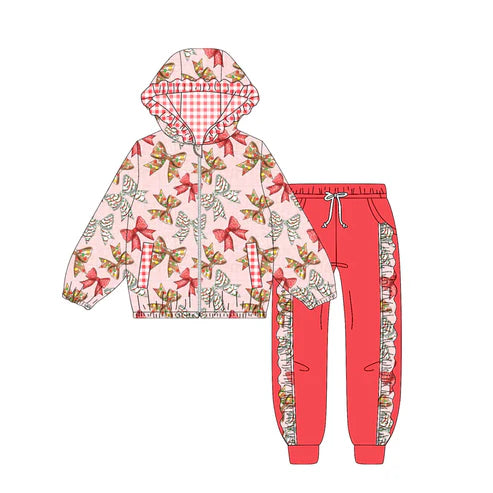 9.9 Custom Moq 5 Baby Girls Trees Bows Pockets Zipper Hoodie Jackets Jogger Christmas Clothes Sets