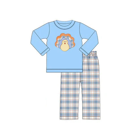 6.7 BLP1079 Baby Boys Blue Long Sleeves Turkey Top Plaid Flame Pant Set Preorder