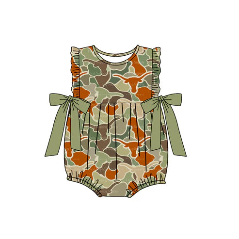 SR2346 Baby Infant Girls Cow Green Camo Bows Rompers preorder