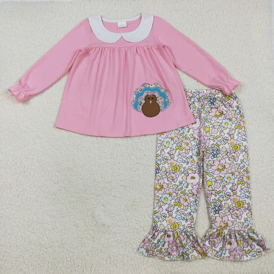 8.15 GLP2409 Embroidery Baby Girls Pink Long Sleeves Turkey Tunic Floral Ruffle Pant Set