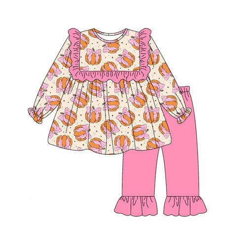 5.20 GLP2348 Baby Girls Long Sleeves Pink Bows Pumpkins Tunic Ruffle Pant Set Preorder