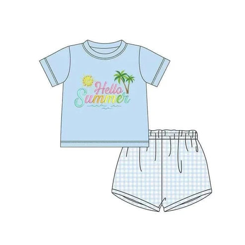 3.23 BSSO1428 Baby Boys Blue Short Sleeves Beach Top Plaid Short Set Preorder
