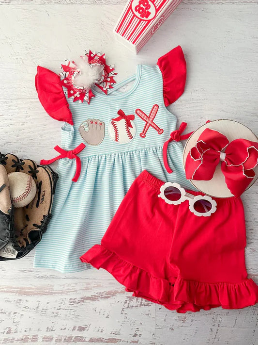 3.15 GSSO2317 Baby Girls Baseball Flutter Sleeve Tunic Ruffle Shorts Clothes Sets preorder