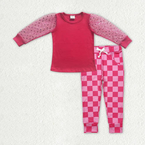 3.18 GT0176+P0700 Baby Girls Valentines Dark Pink Top Checkered Pants Clothes Set