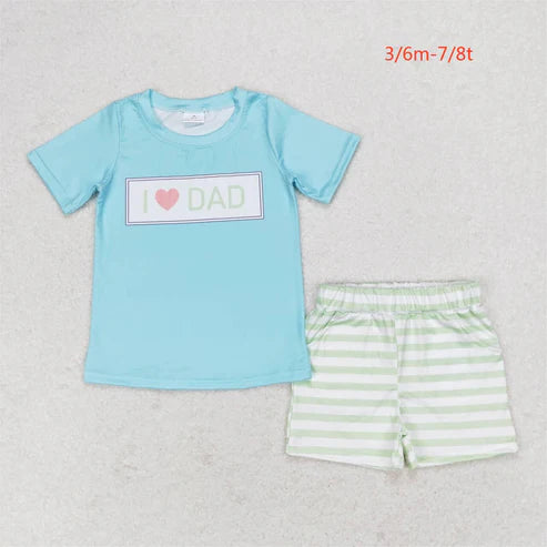 BSSO0878 I love dad letter blue short-sleeved green striped shorts suit