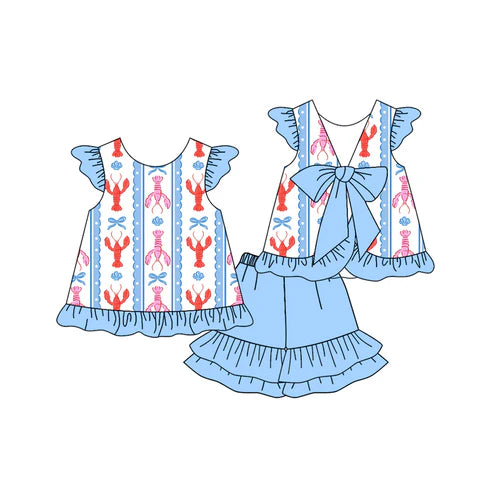 10.23 GSSO2756 Baby Girls Bows Crayfishes Back Bow Tunic Ruffle Shorts Clothes Sets Preorder