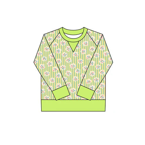 10.18 GT1293 Baby Girls Green Stripe Flowers Long Sleeve Yoga Tee Shirts Top Preorder