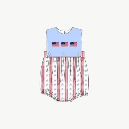 4.16 SR3049 Baby Boys Sleeveless Flags Red Stripe Stars 4th Of July Rompers Preorder