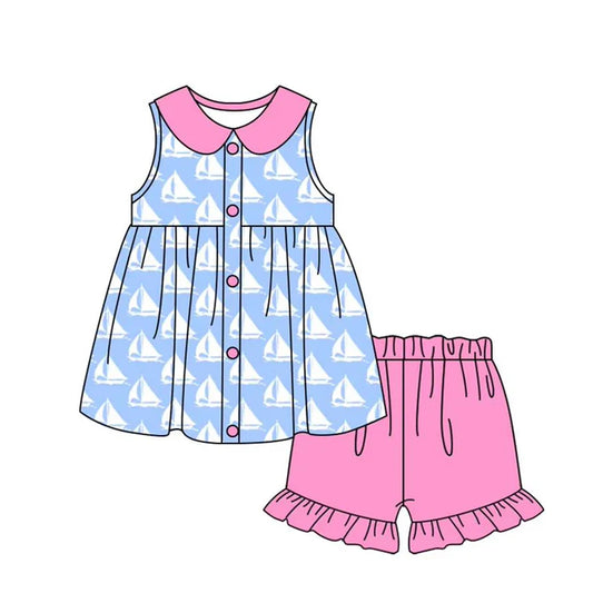 3.23 GSSO2406 Baby Girls Blue Sleeveless Boats Button Tunic Pink Ruffle Short Set Preorder