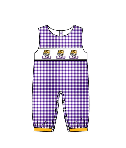 5.6 Baby Infant Boys LSU Tiger Team Purple Checkered Sleepers Rompers Preorder(moq 3)