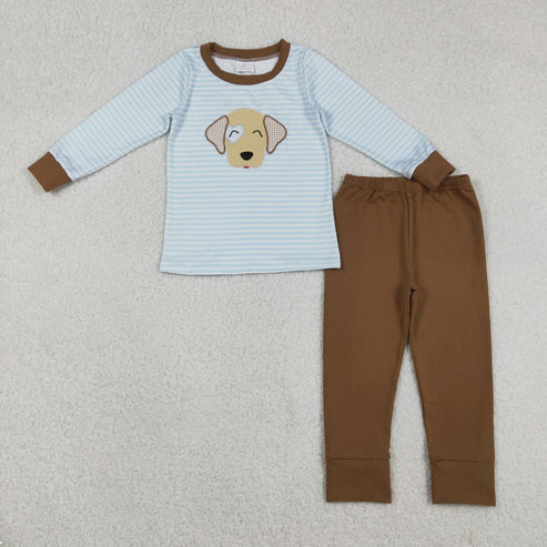 12.19 BLP1283 Embroidery Dogs Baby Boys Blue Stripe Top Legging Pants Clothes Set