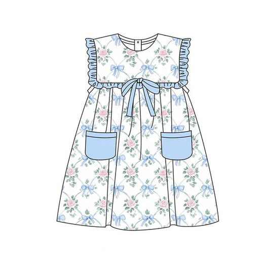 3.27 GSD2230 Baby Girls Sleeveless Blue Bows Floral Pockets Top Knee Length Dresses Preorder